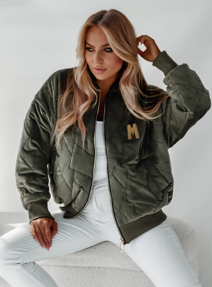 WELUROWA KURTKA BOMBER - Oliwkowy