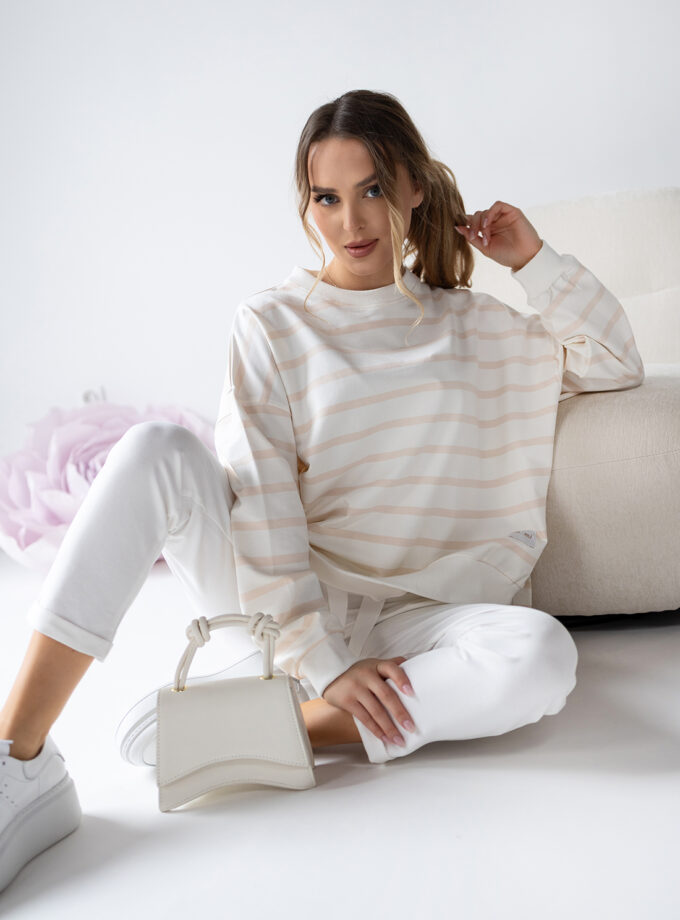 BLUZKA W PASKI AMMA - Jasny beżowy