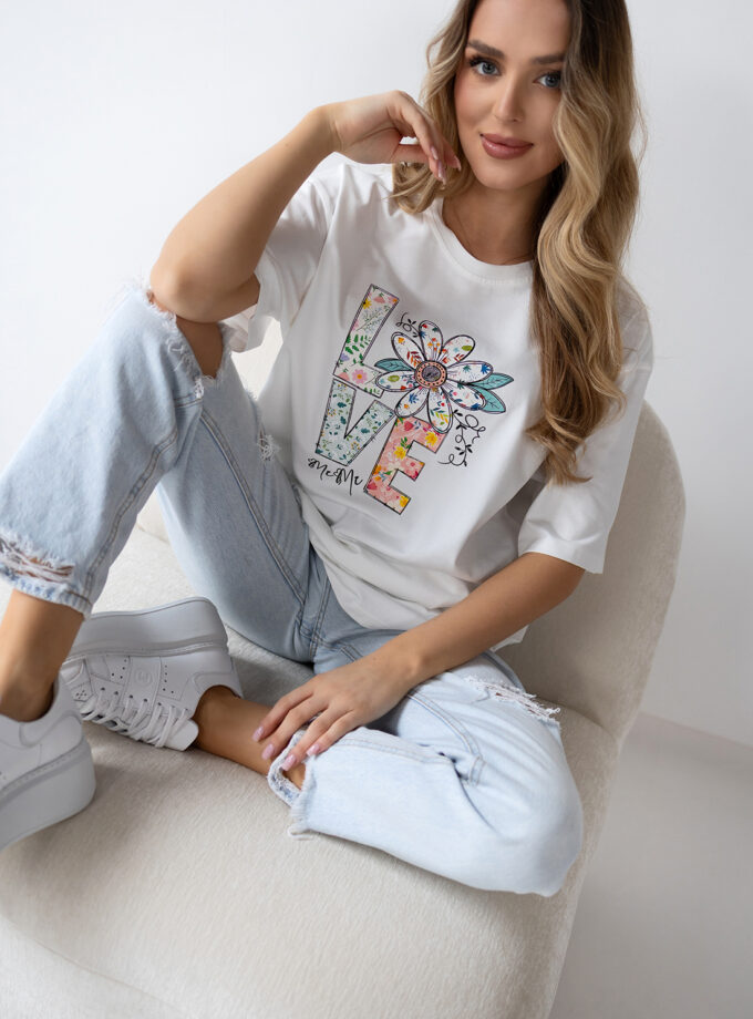 T-SHIRT LONG STOKROTKA LOVE - Off white