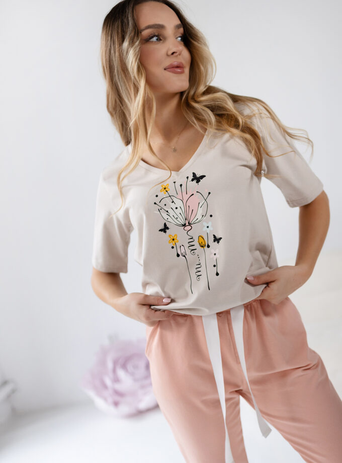 T-SHIRT CLASSIC SEREK Z APLIKACJĄ - Beżowy