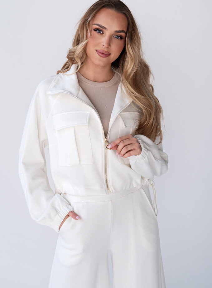 BLUZA BAWEŁNIANA TYPU BOMBER KIESZONKI - Off white